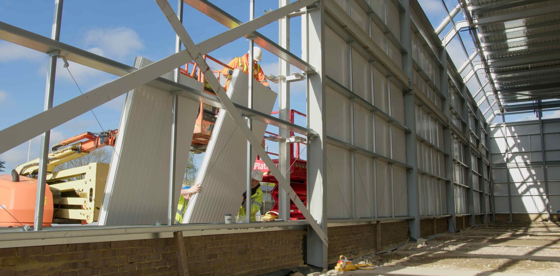 view from inside of steel framed building not cladded
